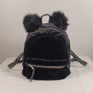 Divided Black Velour Pom Pom Small Backpack